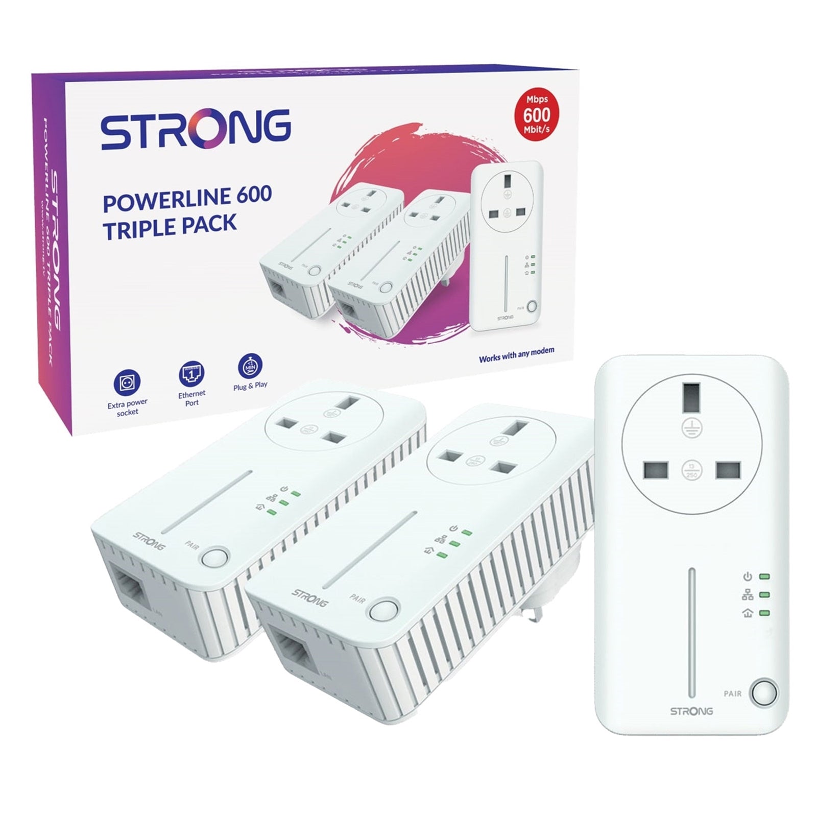 STRONG AV600 Powerline Adapter Kit - Passthrough Triple Pack 600Mbps STRONG AV600 Powerline Adapter Kit - Passthrough Triple Pack 600Mbps